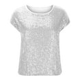 thumbnail image 4 of Pincandy Women's Fashion Solid Loose T-shirt Short Sleeve Sequin Blouse Round Neck Glitter Sequins Shirts Top Casual Cap Sleeve Party Tee Tops,White,S, 4 of 6