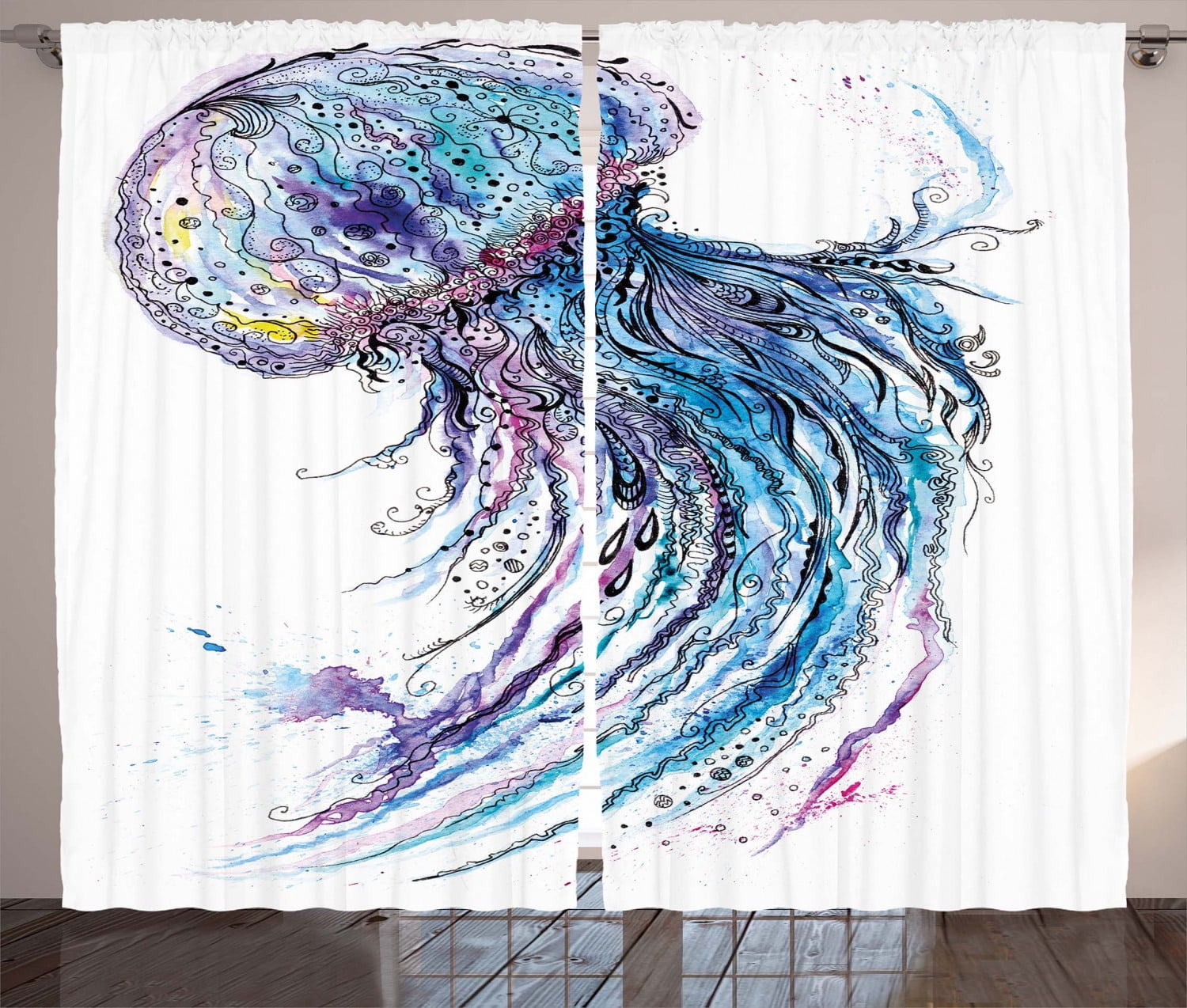 Jellyfish Curtains 2 Panels Set, Aqua Colors Art Ocean Animal Print
