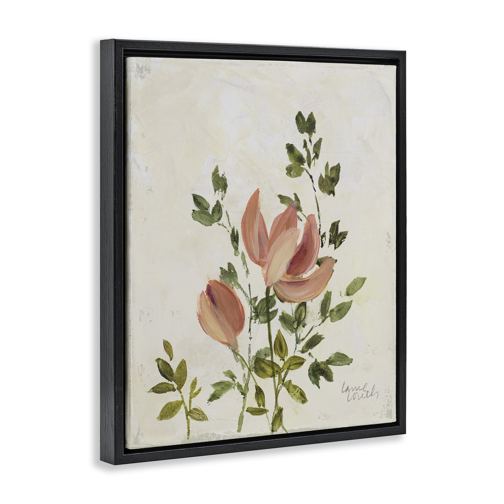 Stupell Industries Pink Florals Vintage Leaves Floral & Botanical Painting Black Floater Framed Canvas Art Print Wall Art, 17 x 21
