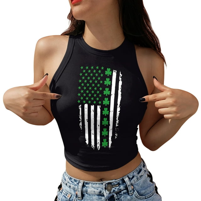 St. Patrick's Day Clover Women Sleeveless Crop Tops Slim Fit Basic Style Tank Tops Pullover Shirt