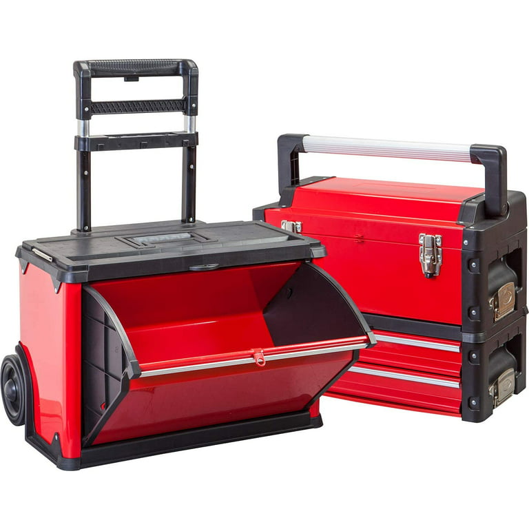 BIG RED Stackable Portable Metal Tool Box Organizer with Wheels and 2  Drawers, Rolling Upright Trolley Tool Chest for Garage or