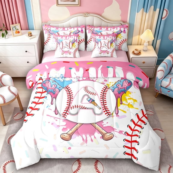 Meiyoeat Ice Cream Baseball Letter A Twin Bedding Sets 7-Piece for Girls Kids, Sweet Dripping Bedding Comforter Set, Pink White Red,Pink Reversible