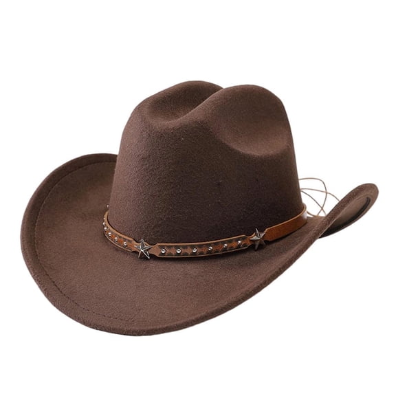 Women Men Western Cowboy Hat, Wide Brim Panama Jazz Fedora Hat with Star Studded Leather Band & Adjustable Drawstring, Vintage Retro Hat for Country Concert Ranch Beach Travel Outdoor Accessory