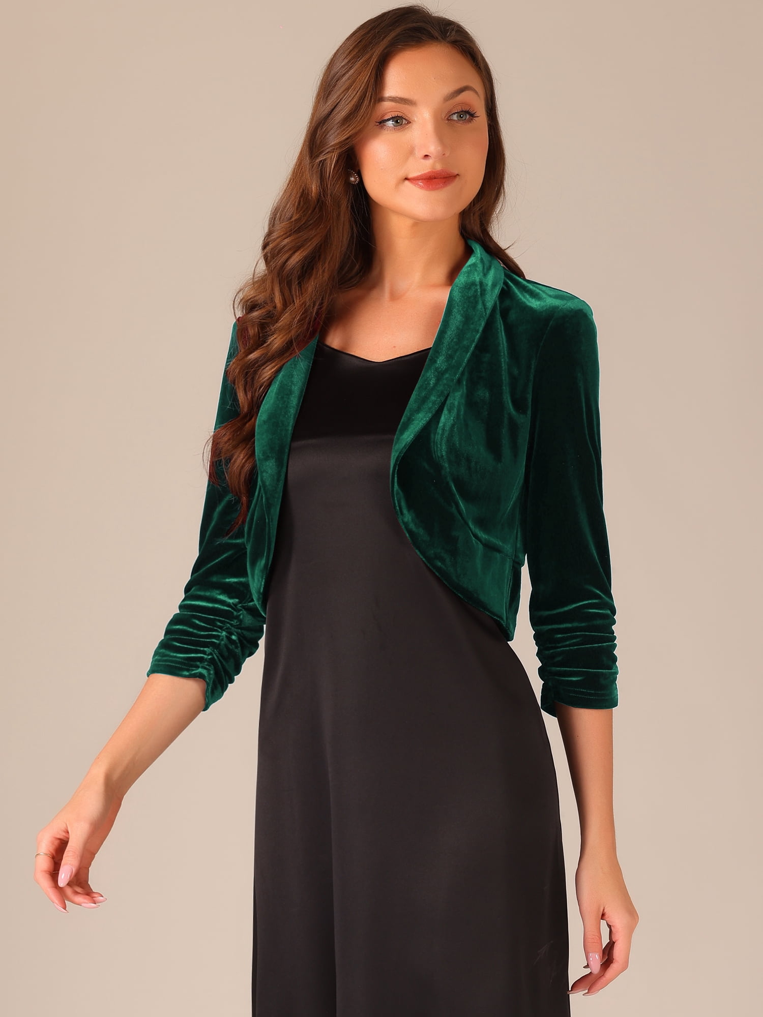DARING DIVA Women's 3/4 Sleeve Velvet Shrug Open Front Bolero Cropped Cardigan Top XL Dark Green