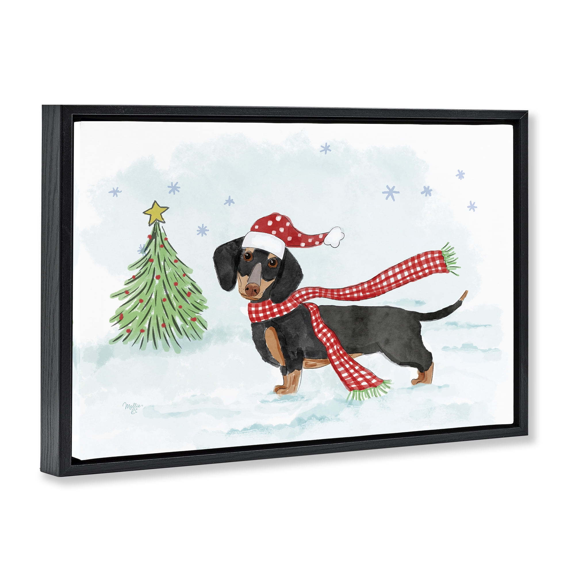 Stupell Industries Dachshund with Scarf Holiday Painting Black Floater Framed Canvas Art Prints Wall Art, 31 x 21