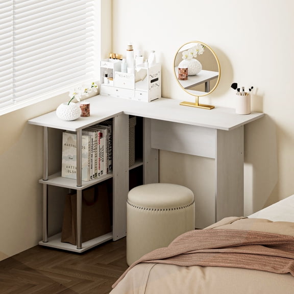 HOMLUX L-Shape Computer Desk Office Table for Space-Saving Home Office & Living Room Storage, White Oak/Chrome