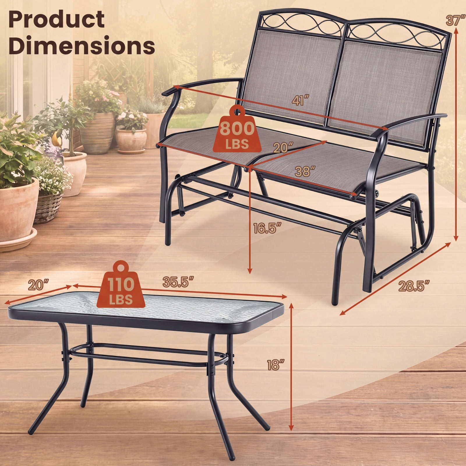 Furnibear 2 Piece Outdoor Gliding Loveseat Chair with Tempered Glass Coffee Table for Patio Backyard Porch and Poolside, Brown