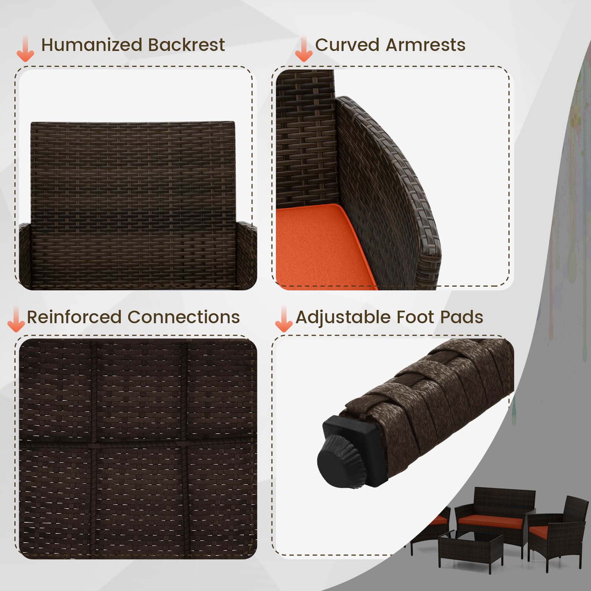 Costway 8 PCS Patio Furniture Set with Washable Cushions and Tempered Glass Coffee Table Orange