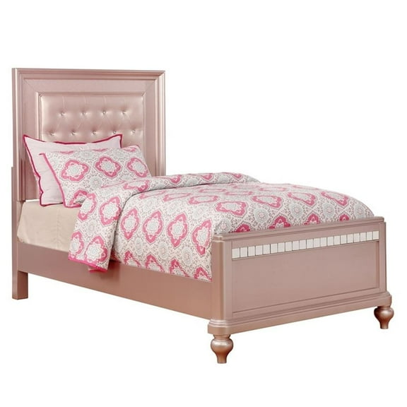 Bowery Hill Modern Solid Wood Tufted Twin Panel Bed in Rose Gold