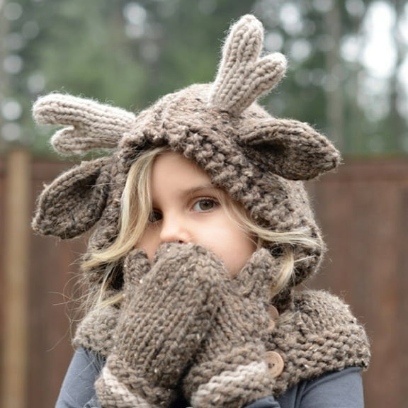 Spazoro Kids Winter Hat Gloves Set, Windproof Beanie Hat 2PC Warm Cute Deer Ear Gloves Sets for Toddler Child Coffee (1-11T)