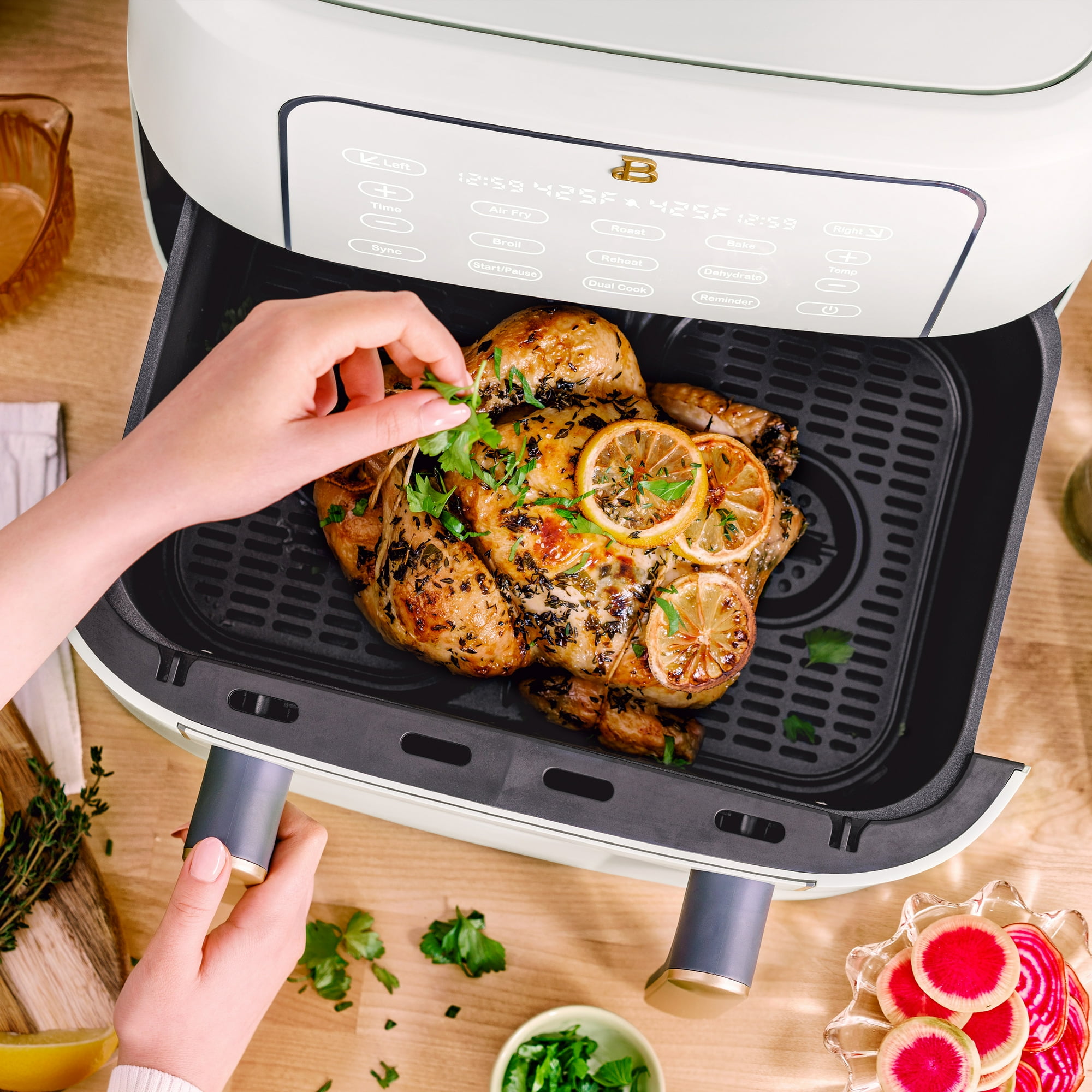 Beautiful 9 Qt TriZone Dual Basket Air Fryer, EverGood™ Ceramic Nonstick Coating, White Icing by Drew Barrymore