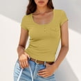 thumbnail image 2 of MIXUE Womens Summer Tops Summer Solid Color Square Collar Short Sleeve Slim Casual Tunic T-shirts Holiday Wear,Yellow,S, 2 of 5