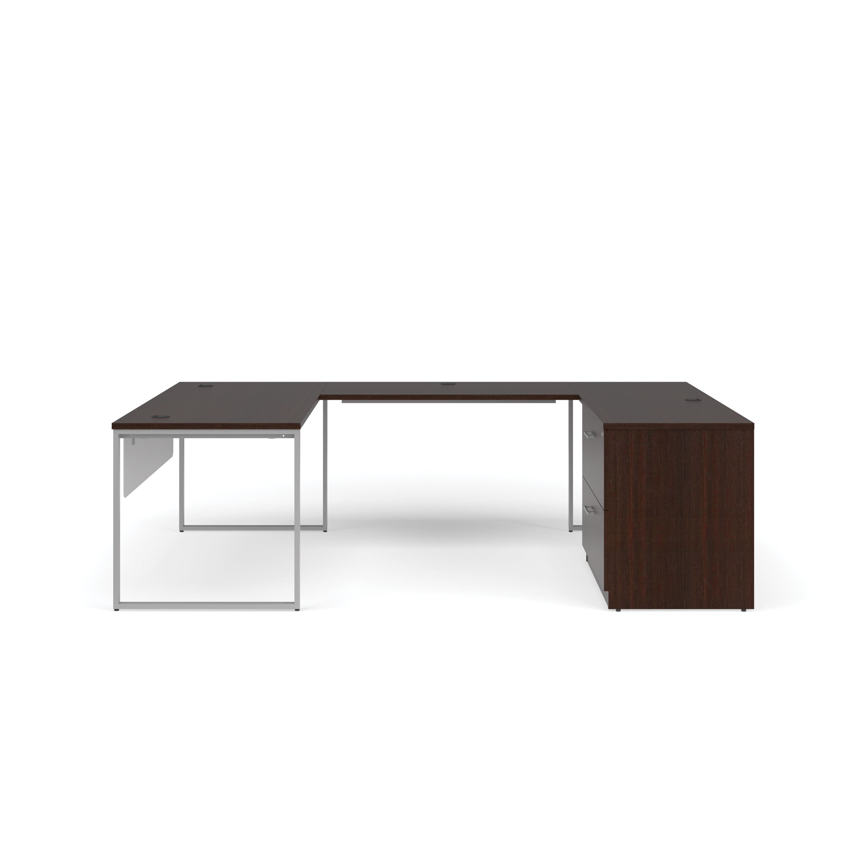 OFM Fulcrum Series Office Furniture Set, 66" U-Shaped Desk with Bridge, Credenza, Lateral Filing Cabinet, Modesty Panels, in Cherry