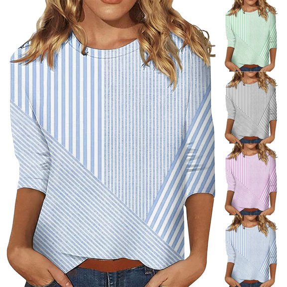 ZDNIXIAN Womens Long Sleeve Shirts ,Crew Neck Long Sleeve Casual Shirt, Loose Fit Mixed Stripe Pullover Top, Lightweight Relaxed Fit Daily Fashion Tunic