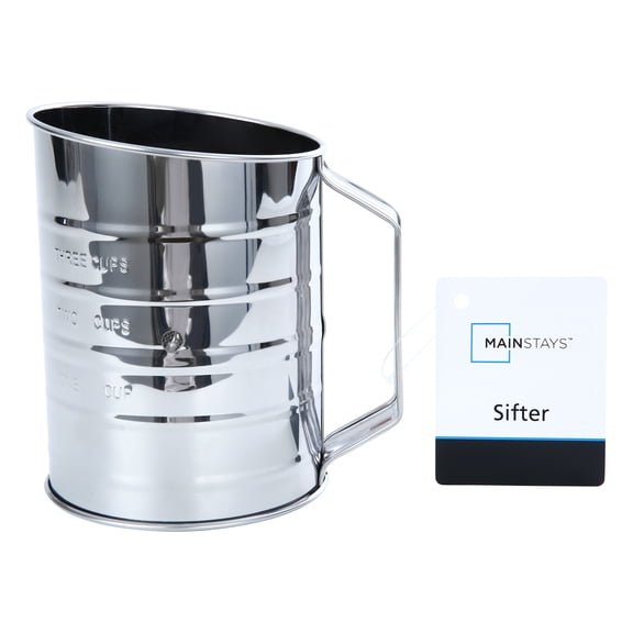 Mainstays Stainless Steel 3 Cup Flour Hand Crank Sifter with Beechwood Handle Silver