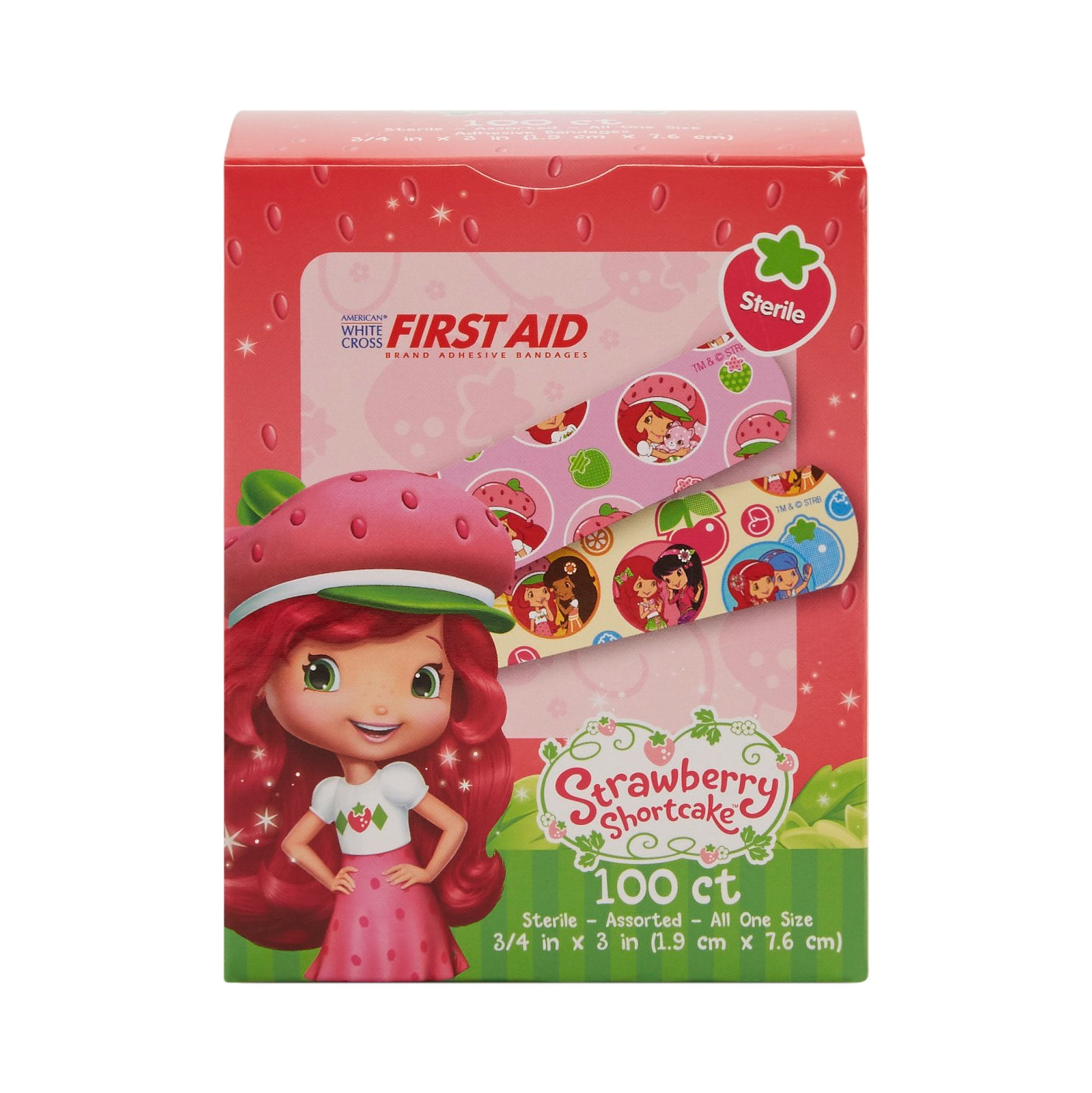 American White Cross Stat Strip Adhesive Strip, Strawberry Shortcake Bandages, 100 Count, 12 Packs, 1200 Total
