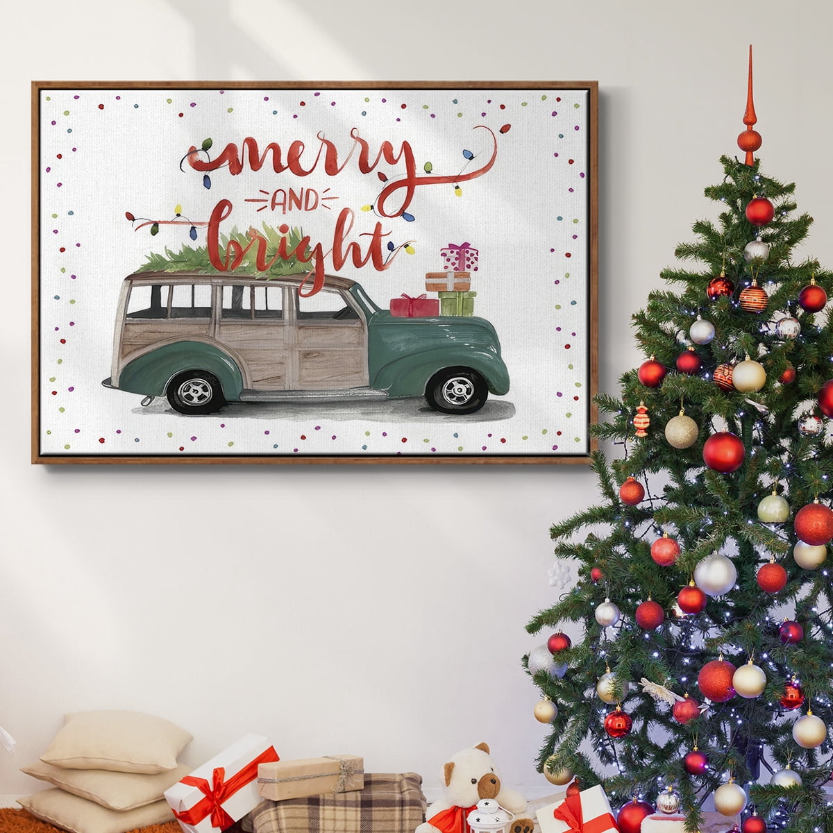 Christmas Cars Collection A - Framed Gallery Wrapped Holiday Canvas - 17 x 25 - Rosewood Frame