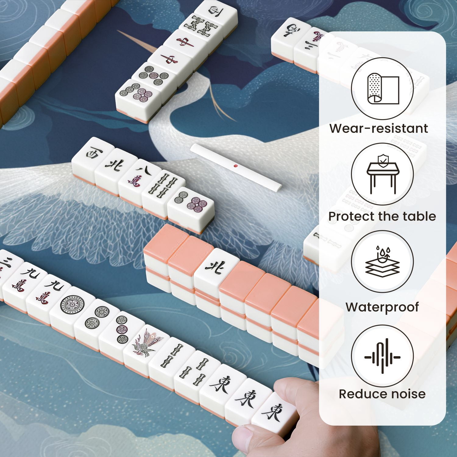 Chinoiserie Mahjong Mat 31.5" x 31.5" Graceful Crane Flight Amidst Calm Gradient Sky Swirling Clouds Non-Slip Noise Reduction Mahjong Tiles Table Cover for Dominoes Poker Card Board and Tile Games
