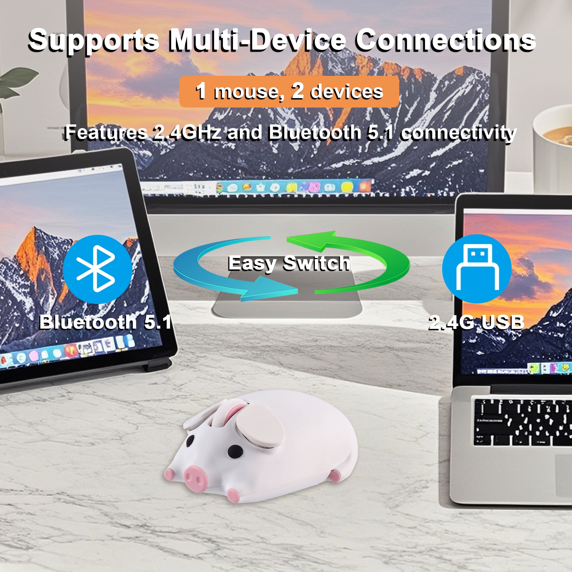 Dpisuuk Wireless Bluetooth Mouse Cute Animal Pig Shape 2.4G & Bluetooth Dual Mode Computer Mice with USB Receiver Portable Compact Optical Cordless Mouse for Laptop PC Notebook Kids Gift, White