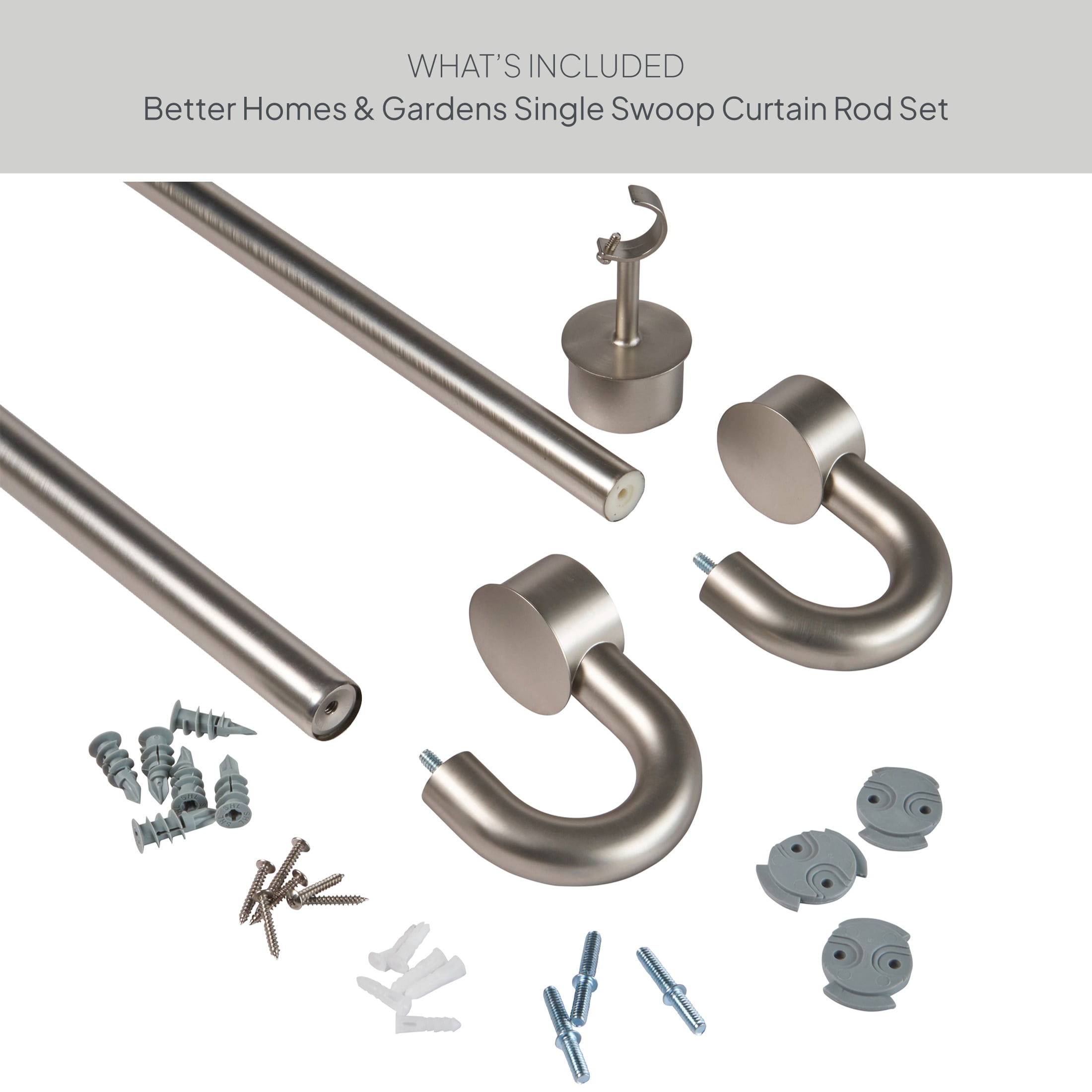 Better Homes & Gardens 1" Satin Nickel Swooping Adjustable Single Curtain Rod, 32-120"