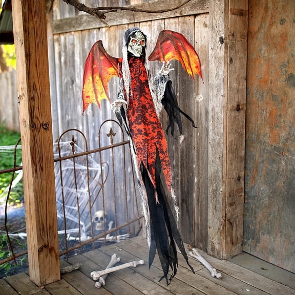5 Ft. 1/4" Hanging Light-Up Red Skeletal Reaper with Wings Animated Halloween Decoration