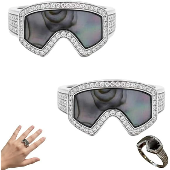 Bague Ajustable en Forme de Lunette de Ski – Bijou de Sports d'Hiver Unique pour les Passionnés de Ski, pour Skieurs et Planchistes, Femmes et Hommes (Noir*2)