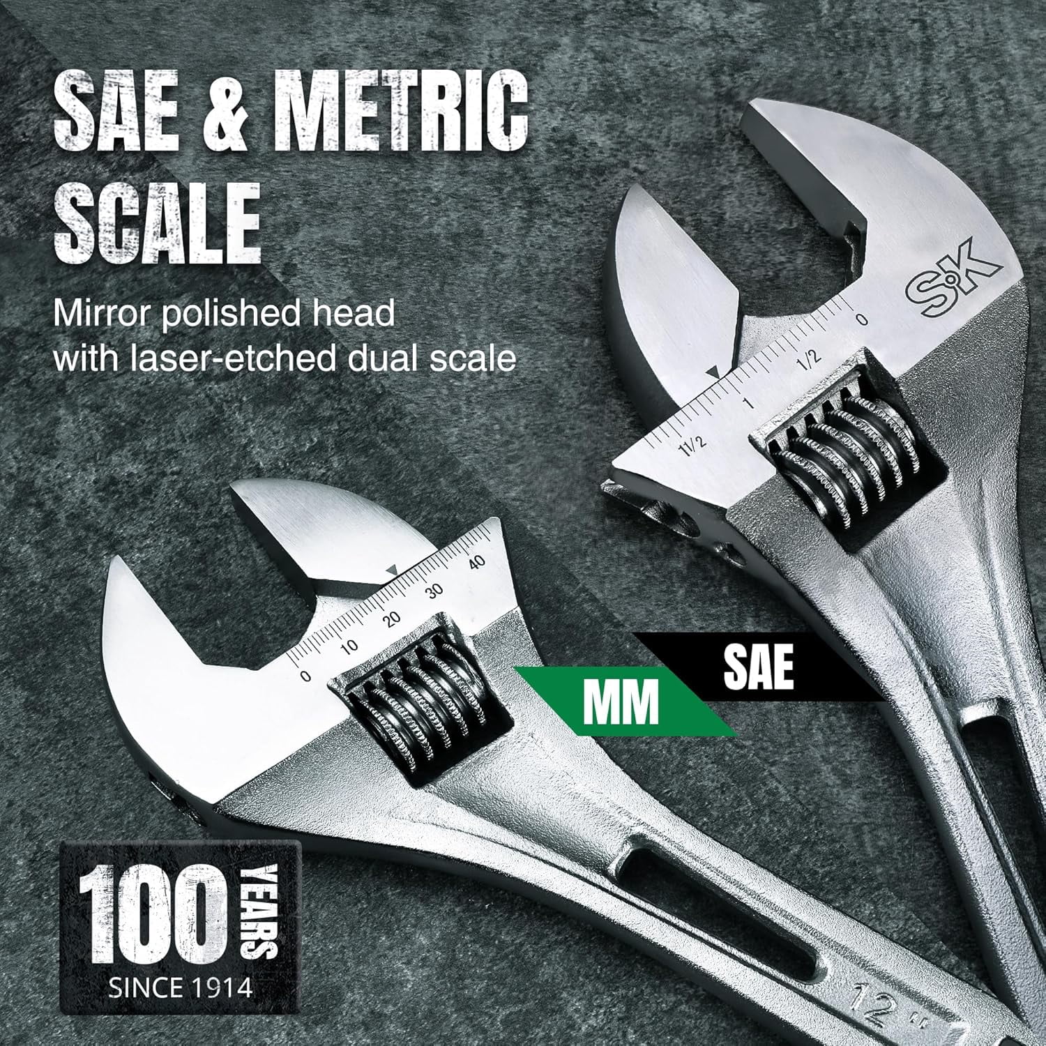 12-Inch Adjustable Wrench, 1-9/16" Jaw Capacity, Cr-V Steel, SAE&Metric Scales