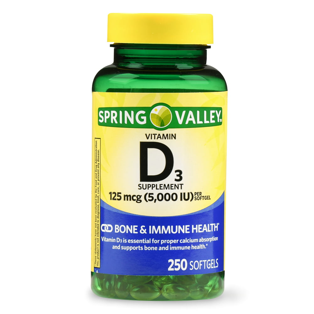 Spring Valley Vitamin D3 Softgels, 5000 IU, 250 Count - Walmart.com ...