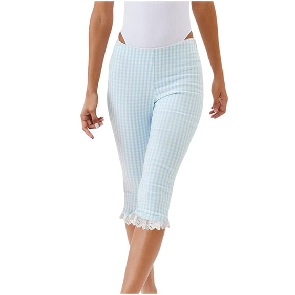 Karymi Women's Shorts Gingham Check Capri Pants, High Waisted Lace Ruffle Hem Skinny Pants, Stretchy Slim Fit Plaid Cropped Pants for Y2K Style Jean Shorts Womens