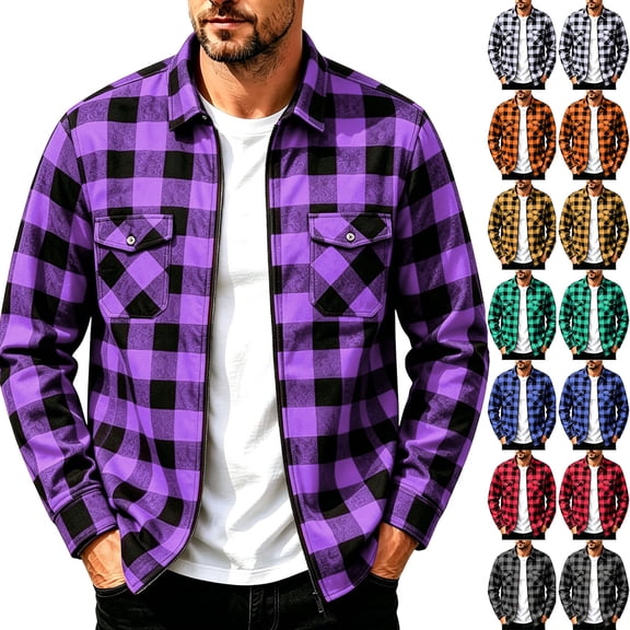 IhhxPro Men's Cotton Long Sleeve Button down Shirt Red and Black Plaid Zip-Up with Pockets Lumberjack Style Casual Flannel Work Relaxed Fit S-2XL