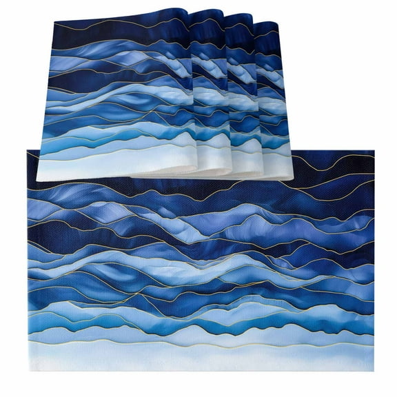 Navy Blue Ombre Placemats for Dinning Table Set of 4, Modern Moire Abstract Art Luxury Burlap Kitchen Place Mats Waterproof Cloth Table Mats, Indoor Outdoor Placemats Easy Clean Dinner Decor