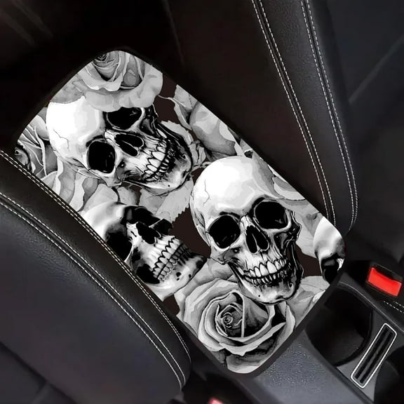 Skull Auto Center Console Cover Car Armrest Pad Auto Armrest Storage Box Pad Soft Anti-Slip Lines Waterproof Car Accessories Interior with Elastic Band