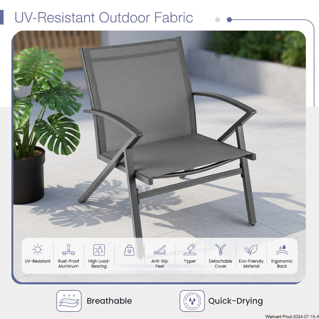 Hommoo 2-Pack Heavy-Duty Outdoor Patio Chairs, Metal Frame Lawn Chairs with Breathable Fabric, Adjustable Feet for Uneven Ground, Gray