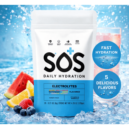 SOS Hydration, Electrolyte Powder Packets – Low-Calorie, Low Sugar, Rapid Rehydration, Made in USA, Keto & Vegan Friendly 5-Flavor Variety Pack, 20 Sticks