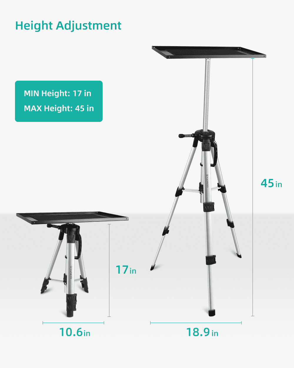 VANKYO Aluminum Tripod Projector Stand, Adjustable Laptop/Computer Stand, Multi-Function Stand, Adjustable Height 17'' to 46'' with Plate and Carrying Bag