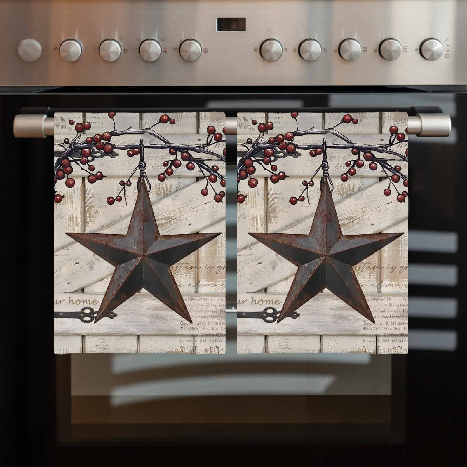 Texas Star Vintage Kitchen Towels Set of 3, Water Absorbent Dish Towel, Brown Retro Berry Beige Wooden Branches Decorative Hand Towels - Quick Drying Cloth for Cooking Baking, 18x28 Inch