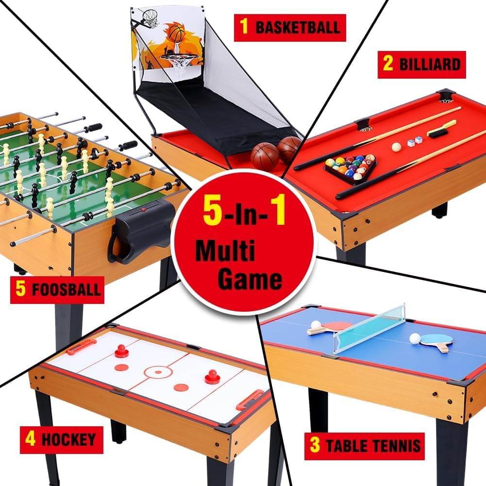 Acekid 5 in 1 Multi Game Table Combination Game Table Set with Foosball Table Pool Billiards Basketball Air Hockey Table Tennis Brown Red