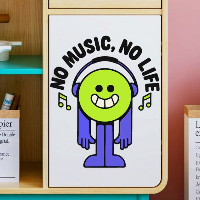 Adhesivos de pared de PVC con forma de carita sonriente con dibujos animados «No Music No Life», 29,