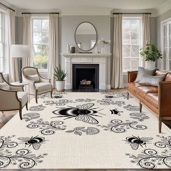 Vintage Bees Crowns Area Rugs 8'x10', Washable Small Throw Rugs for Living Room Patio, Rustic Leaves Rings Burlap Indoor Outdoor Rug Non-Slip Low Pile Carpet Runner Reversible Floor Mats