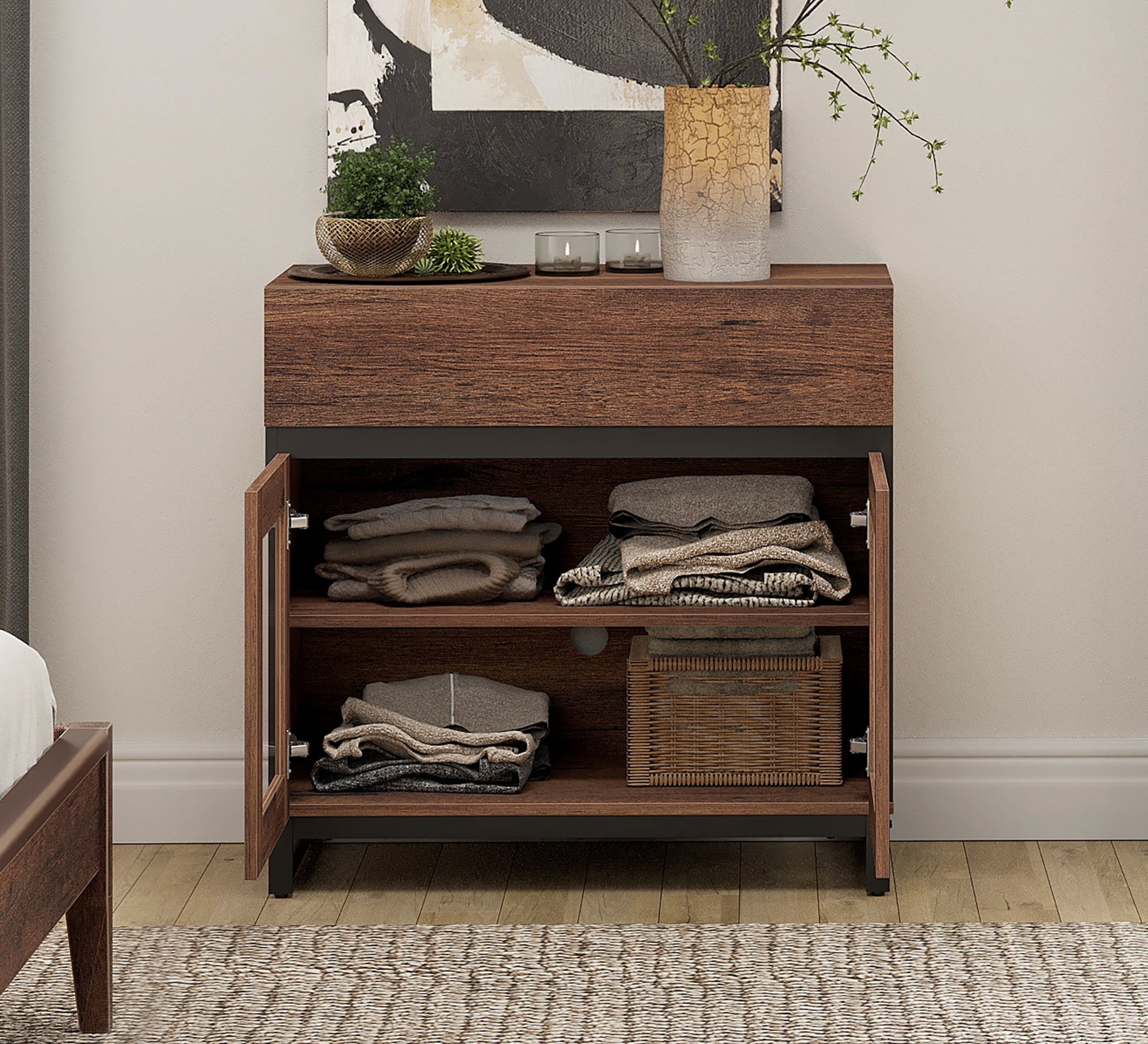 3 In 1 Dresser with Glass Doors & 7 Drawers, Modern Storage Chest with Adjustable Shelf and Metal Base, Multi-purpose Bedroom Closet Organizer Cabinet,Brown