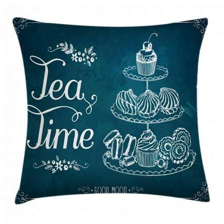 Tea Throw Pillow Cushion Cover, Pastries Bakery Cookies Muffin Cake Biscuit Morning Sweet Brunch Menu Artful, Decorative Square Accent Pillow Case, 20 X 20 Inches, Petrol Blue White, by
