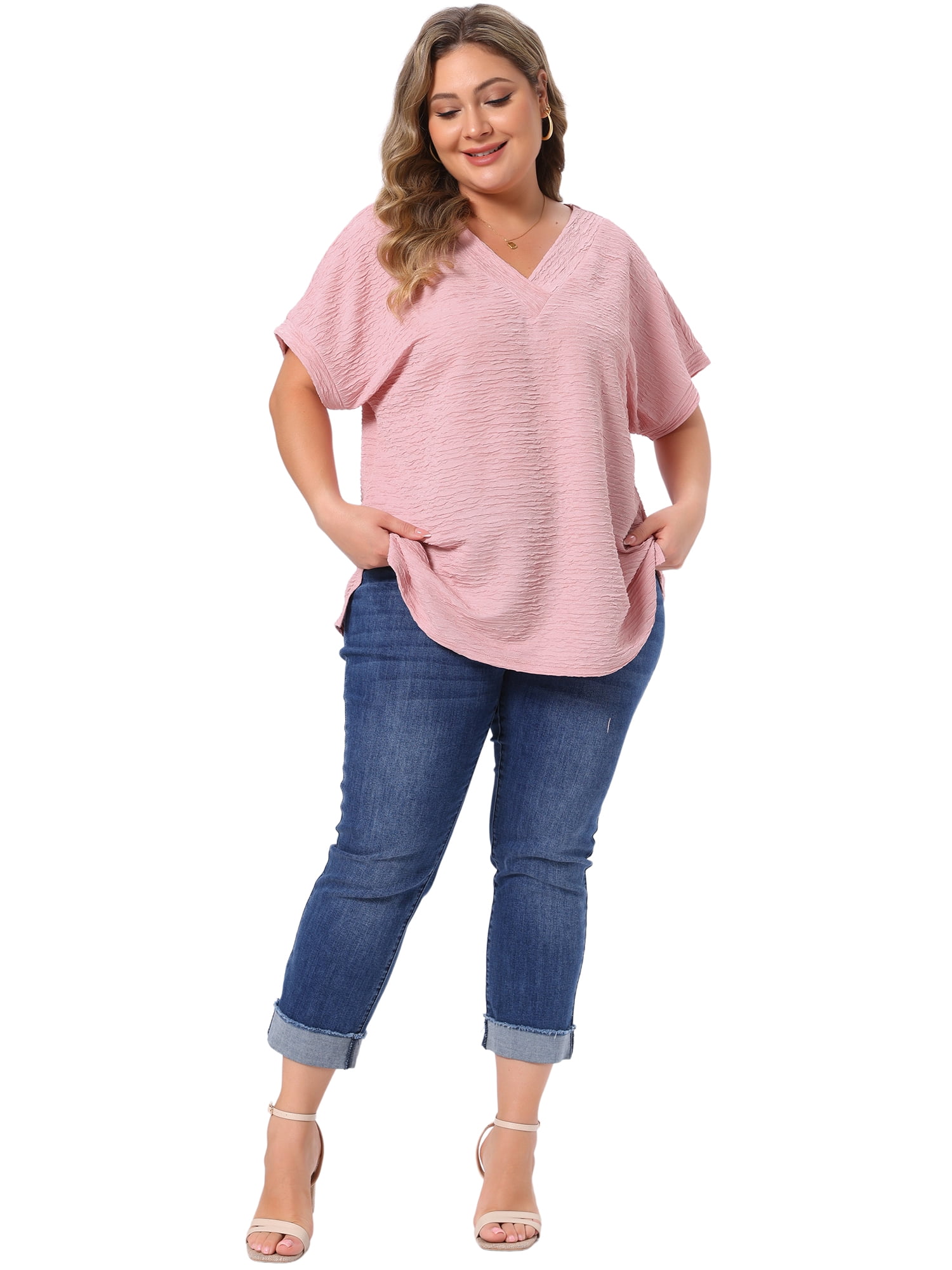 DARING DIVA Women's Plus V Neck Short Sleeve Textured Tops 2X Pink