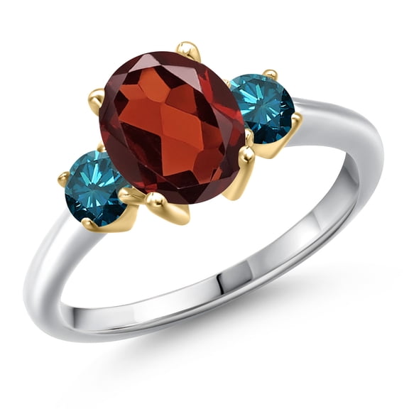 Gem Stone King 925 Silver and 10K Yellow Gold Red Garnet and Blue Diamond Engagement Ring for Women | 2.67 Cttw | Oval 9X7MM | Gemstone January Birthstone | Size 9