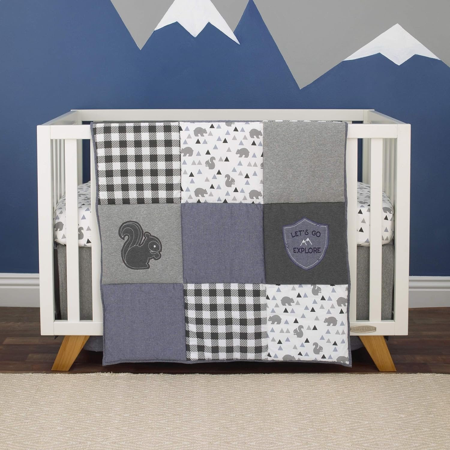 NoJo Mountain Patchwork 4 Piece Nursery Crib Bedding Set with Squirrels and Bears