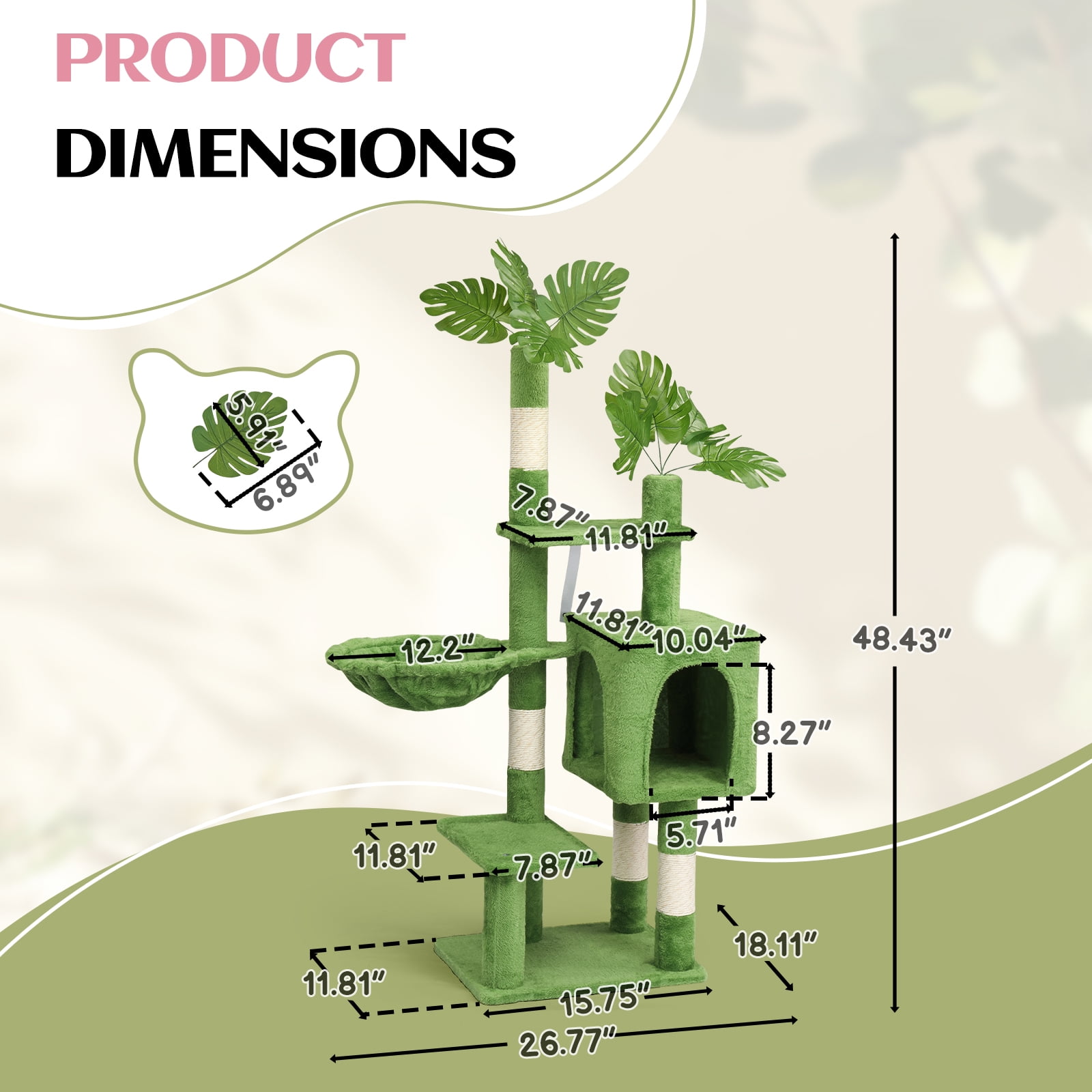 VINGLI Cat Tree, Cat Tower with Leaves, Cat Condo for Indoor Kittens, Cats Activity Center with Cozy Hammock, Sisal Scratching Posts, Green (48 inch)