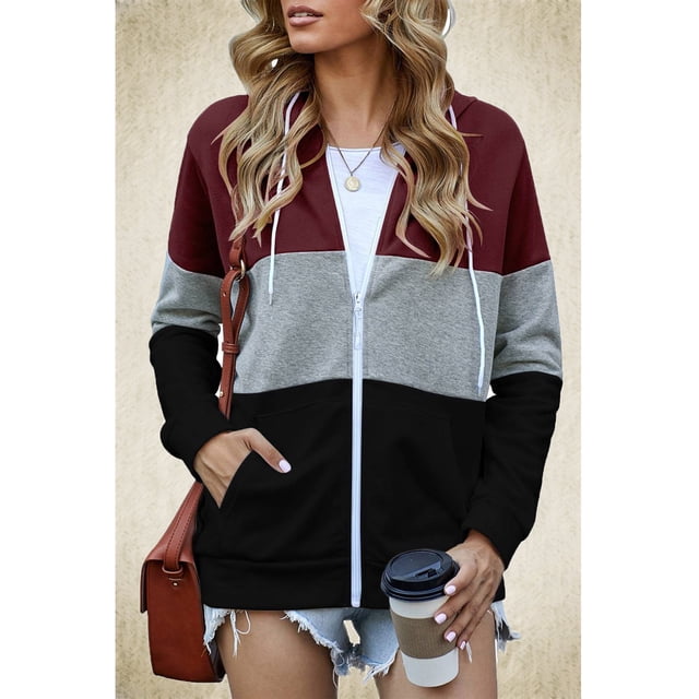 Sudadera Con Capucha De Manga Larga Para Mujer, Bolsillos Laterales De Poliéster Sudadera Con Capucha Y Cremallera Para Mujer Color De Contraste Para Damas Para La Universidad ANGGREK Otros