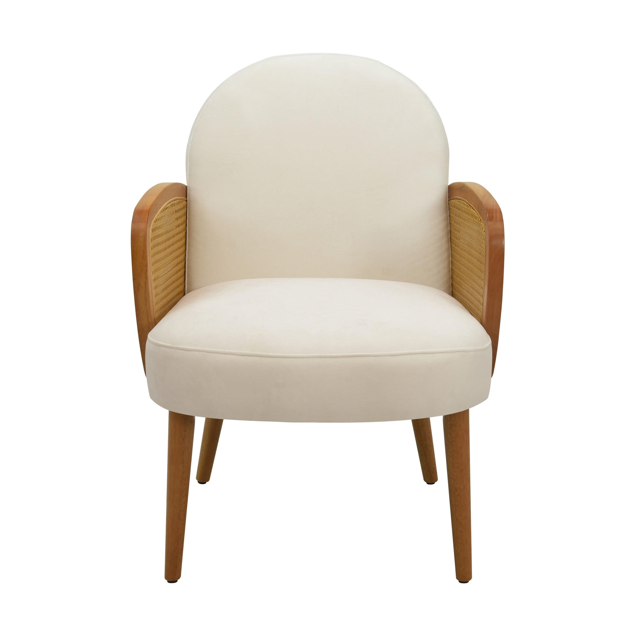 Miles Mid-Century Velvet Upholstered Accent Chair with Rattan Armrests, Solid Wood Legs, Ivory