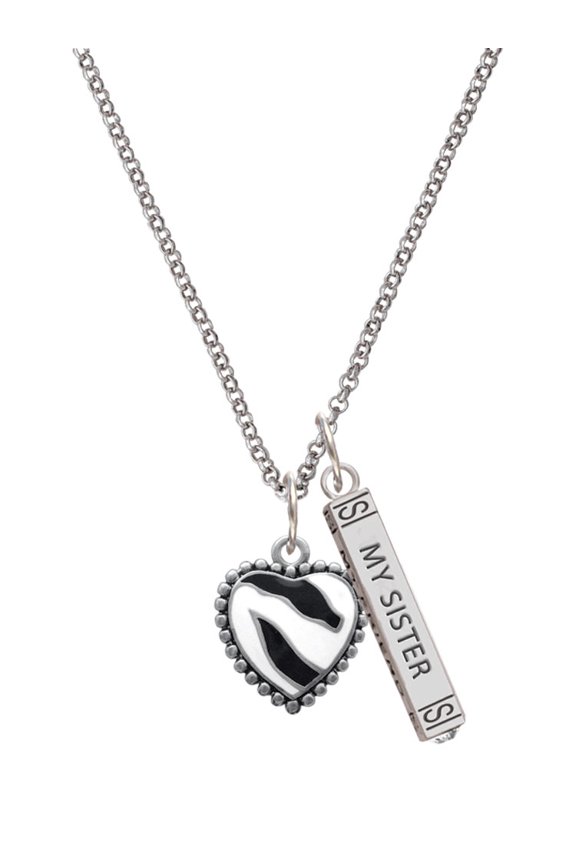 Silvertone Enamel Zebra Print Heart Silvertone Always My Sister Bar Charm Necklace, 23"