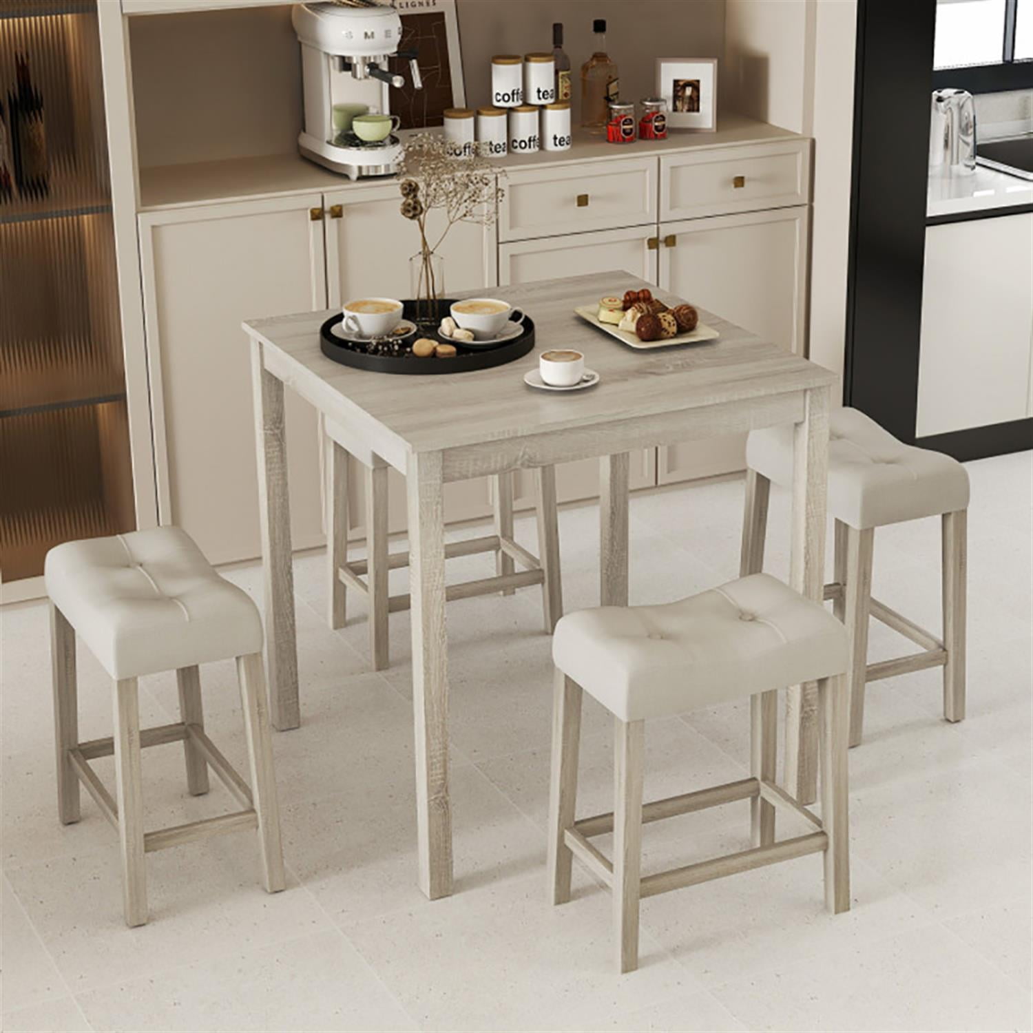 Demi Bonn 5-Piece Bar Table Set with Square Table and 4 Padded Stools, 35" Wooden Kitchen Dining Table Set, Perfect for Small Space, Gray