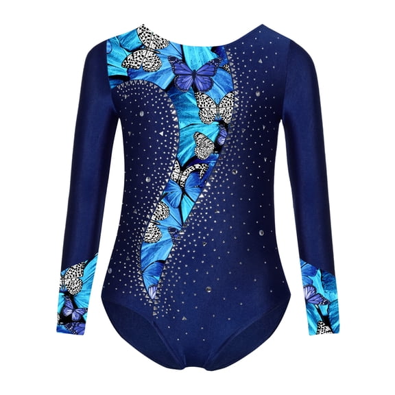 vastwit Kids Girls Gymnastics Leotard Printed Long Sleeve Sparkle Rhinestones Ballet Dance Bodysuit Navy blue 12